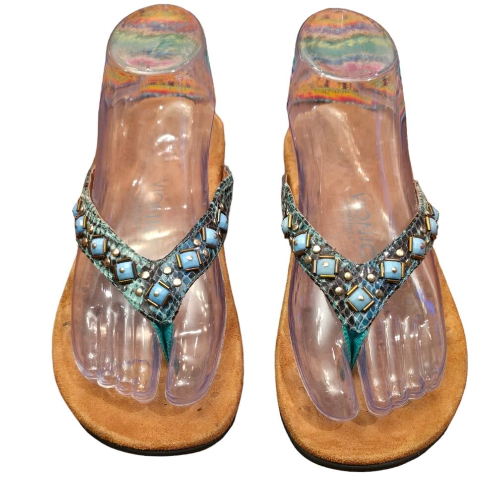 Vionic Rhinestone Beaded Snakeskin Flip Flops‎ Size 6